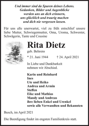 Traueranzeige von Rita Dietz (geb. Behrens)  von Magdeburger Volksstimme