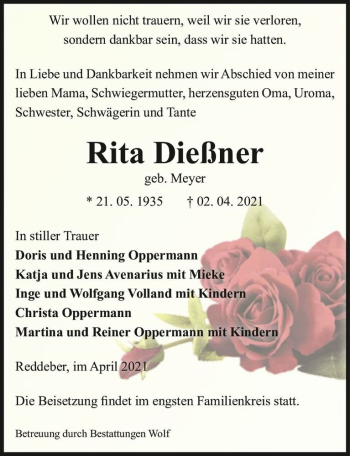 Traueranzeige von Rita Dießner (geb. Meyer)  von Magdeburger Volksstimme