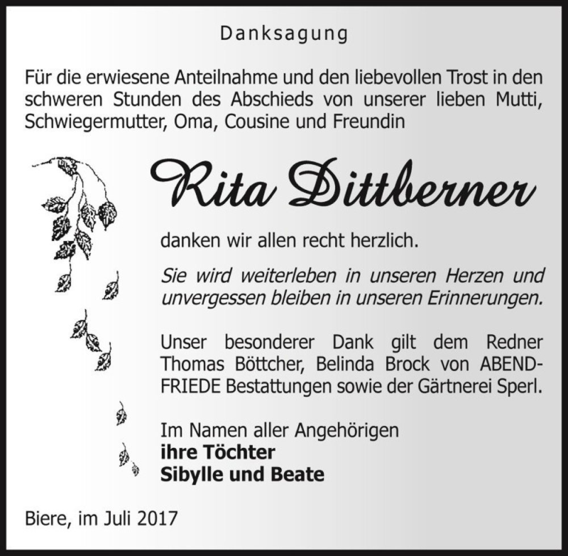  Traueranzeige für Rita Dittberner  vom 15.07.2017 aus Magdeburger Volksstimme