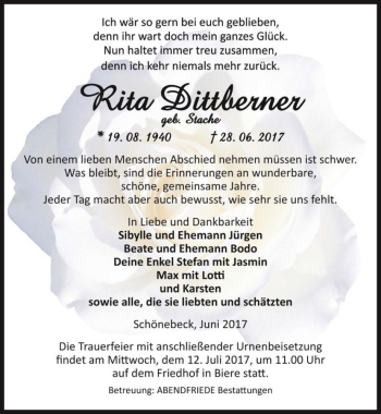 Traueranzeige von Rita Dittberner (geb. Stache)  von Magdeburger Volksstimme