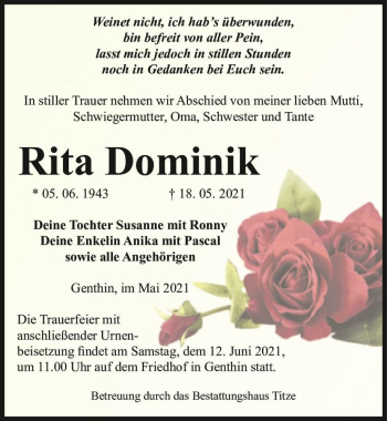 Traueranzeige von Rita Dominik  von Magdeburger Volksstimme