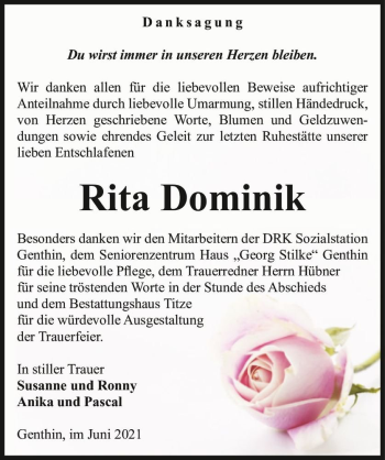 Traueranzeige von Rita Dominik  von Magdeburger Volksstimme
