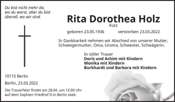 Traueranzeige von Rita Dorothea Holz (geb. Kutz)  von Magdeburger Volksstimme