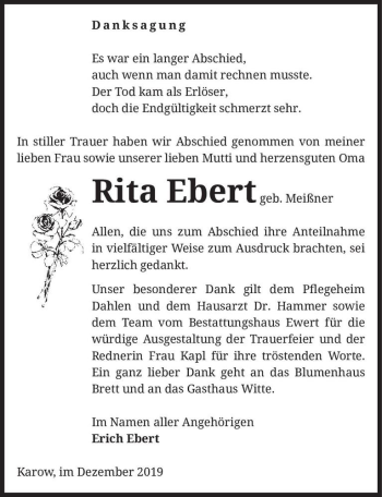 Traueranzeige von Rita Ebert (geb. Meißner)  von Magdeburger Volksstimme