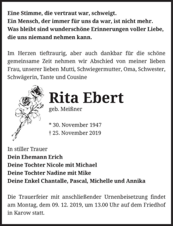 Traueranzeige von Rita Ebert (geb. Meißner)  von Magdeburger Volksstimme