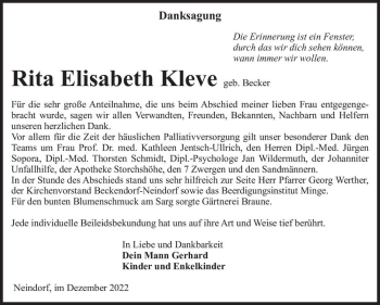 Traueranzeige von Rita Elisabeth Kleve (geb. Becker)  von Magdeburger Volksstimme