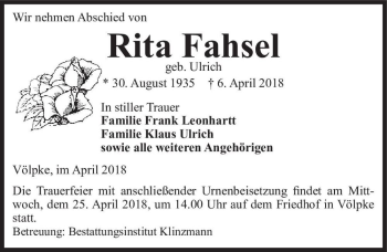 Traueranzeige von Rita Fahsel (geb. Ulrich)  von Magdeburger Volksstimme