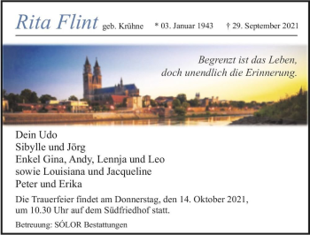 Traueranzeige von Rita Flint (geb. Krühne)  von Magdeburger Volksstimme