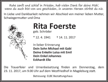 Traueranzeige von Rita Foerste (geb. Schröder)  von Magdeburger Volksstimme