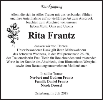 Traueranzeige von Rita Frantz  von Magdeburger Volksstimme