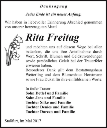 Traueranzeige von Rita Freitag  von Magdeburger Volksstimme