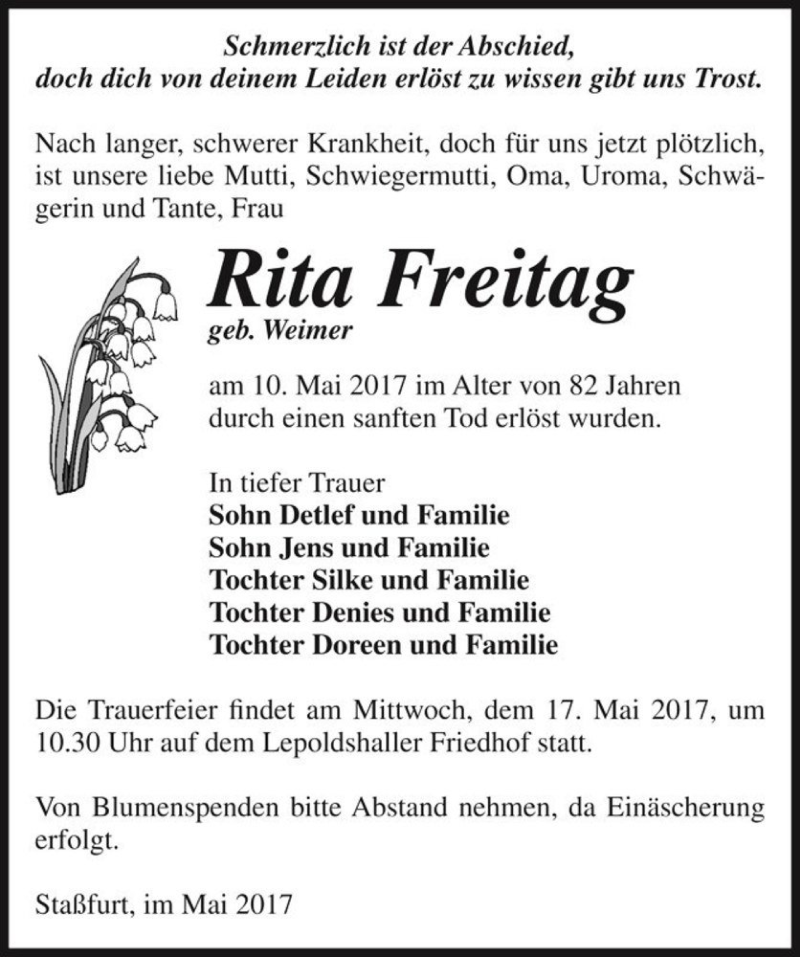  Traueranzeige für Rita Freitag (geb. Weimar)  vom 13.05.2017 aus Magdeburger Volksstimme