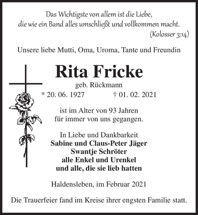  Traueranzeige für Rita Fricke (geb. Rückmann)  vom 06.02.2021 aus Magdeburger Volksstimme