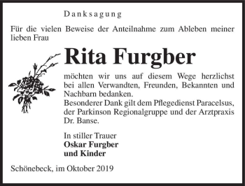 Traueranzeige von Rita Furgber  von Magdeburger Volksstimme