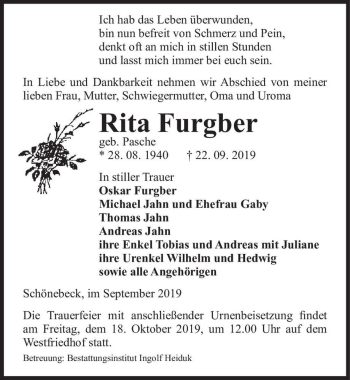 Traueranzeige von Rita Furgber (geb. Pasche)  von Magdeburger Volksstimme