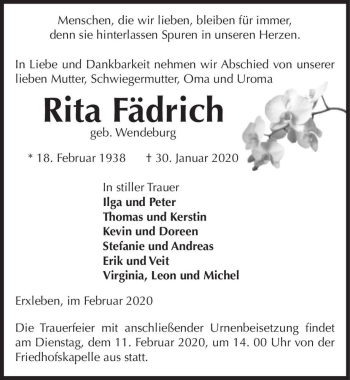 Traueranzeige von Rita Fädrich (geb. Wendeburg)  von Magdeburger Volksstimme