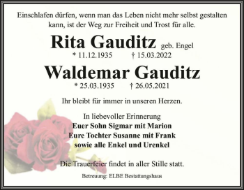Traueranzeige von Rita Gauditz (geb. Engel) und Waldemar Gauditz  von Magdeburger Volksstimme