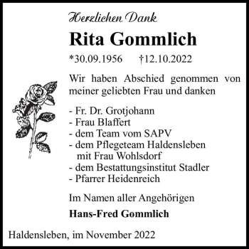 Traueranzeige von Rita Gommlich  von Magdeburger Volksstimme