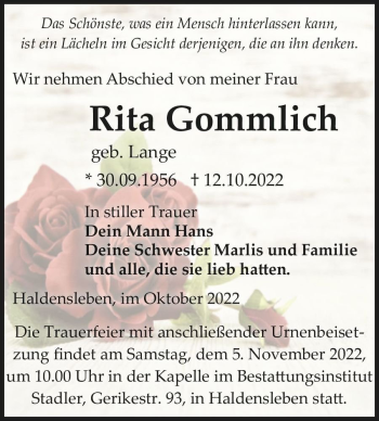 Traueranzeige von Rita Gommlich (geb. Lange)  von Magdeburger Volksstimme
