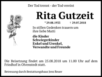 Traueranzeige von Rita Gutzeit  von Magdeburger Volksstimme
