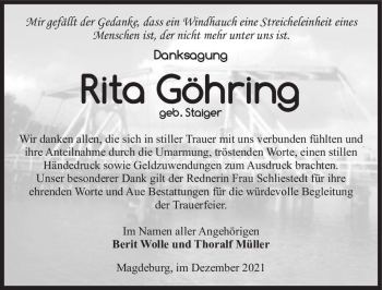 Traueranzeige von Rita Göhring (geb. Staiger)  von Magdeburger Volksstimme