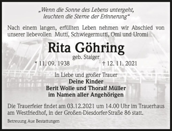 Traueranzeige von Rita Göhring (geb. Staiger)  von Magdeburger Volksstimme