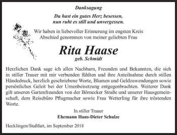 Traueranzeige von Rita Haase (geb. Schmidt)  von Magdeburger Volksstimme