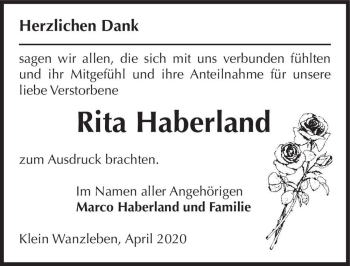 Traueranzeige von Rita Haberland  von Magdeburger Volksstimme