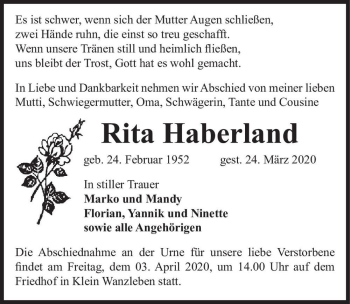 Traueranzeige von Rita Haberland  von Magdeburger Volksstimme