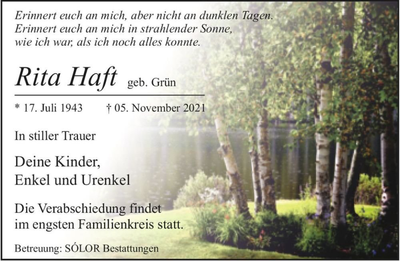  Traueranzeige für Rita Haft (geb. Grün)  vom 13.11.2021 aus Magdeburger Volksstimme