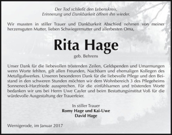 Traueranzeige von Rita Hage (geb. Behrens)  von Magdeburger Volksstimme