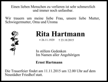 Traueranzeige von Rita Hartmann  von Magdeburger Volksstimme
