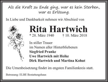 Traueranzeige von Rita Hartwich  von Magdeburger Volksstimme