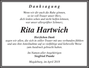 Traueranzeige von Rita Hartwich  von Magdeburger Volksstimme