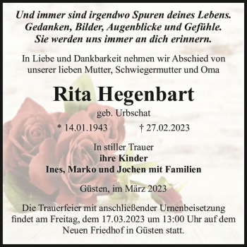 Traueranzeige von Rita Hegenbart (geb. Urbschat)  von Magdeburger Volksstimme