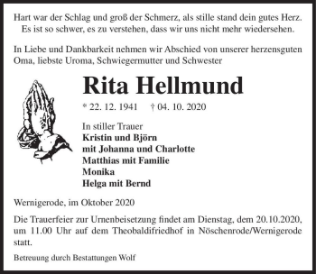 Traueranzeige von Rita Hellmund  von Magdeburger Volksstimme
