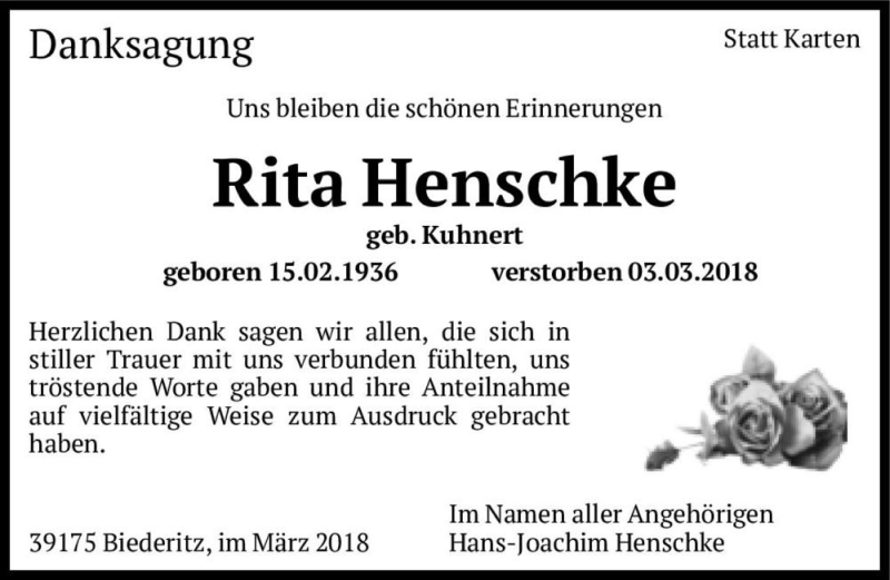  Traueranzeige für Rita Henschke (geb. Kohnert)  vom 29.03.2018 aus Magdeburger Volksstimme