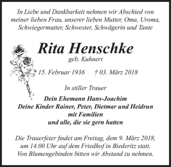 Traueranzeige von Rita Henschke (geb. Kuhnert)  von Magdeburger Volksstimme