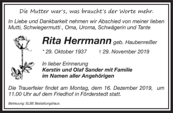 Traueranzeige von Rita Herrmann (geb. Haubenreißer)  von Magdeburger Volksstimme