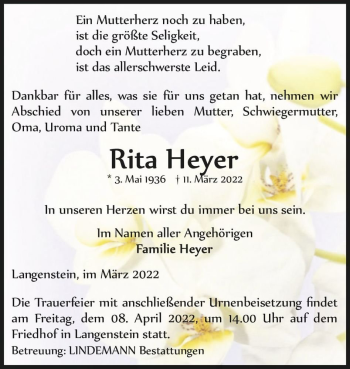 Traueranzeige von Rita Heyer  von Magdeburger Volksstimme