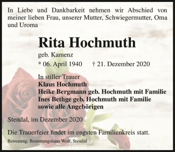 Traueranzeige von Rita Hochmuth (geb. Kamenz)  von Magdeburger Volksstimme
