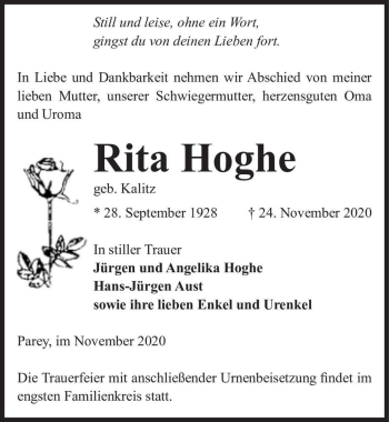 Traueranzeige von Rita Hoghe (geb. Kalitz)  von Magdeburger Volksstimme
