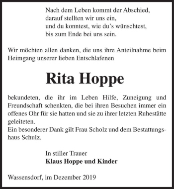 Traueranzeige von Rita Hoppe  von Magdeburger Volksstimme