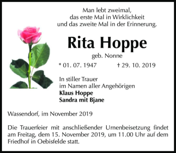 Traueranzeige von Rita Hoppe (geb. Nonne)  von Magdeburger Volksstimme