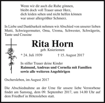 Traueranzeige von Rita Horn (geb. Knieriemen)  von Magdeburger Volksstimme