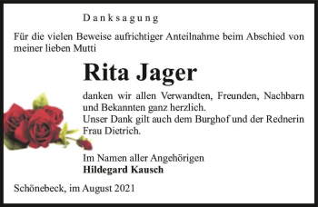Traueranzeige von Rita Jager  von Magdeburger Volksstimme