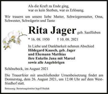 Traueranzeige von Rita Jager (geb. Sanftleben)  von Magdeburger Volksstimme