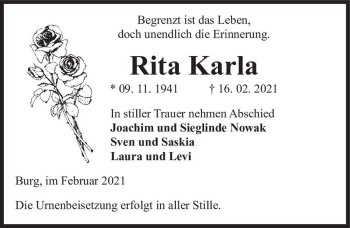 Traueranzeige von Rita Karla  von Magdeburger Volksstimme
