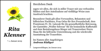 Traueranzeige von Rita Klenner  von Magdeburger Volksstimme