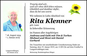 Traueranzeige von Rita Klenner (geb. Laass)  von Magdeburger Volksstimme